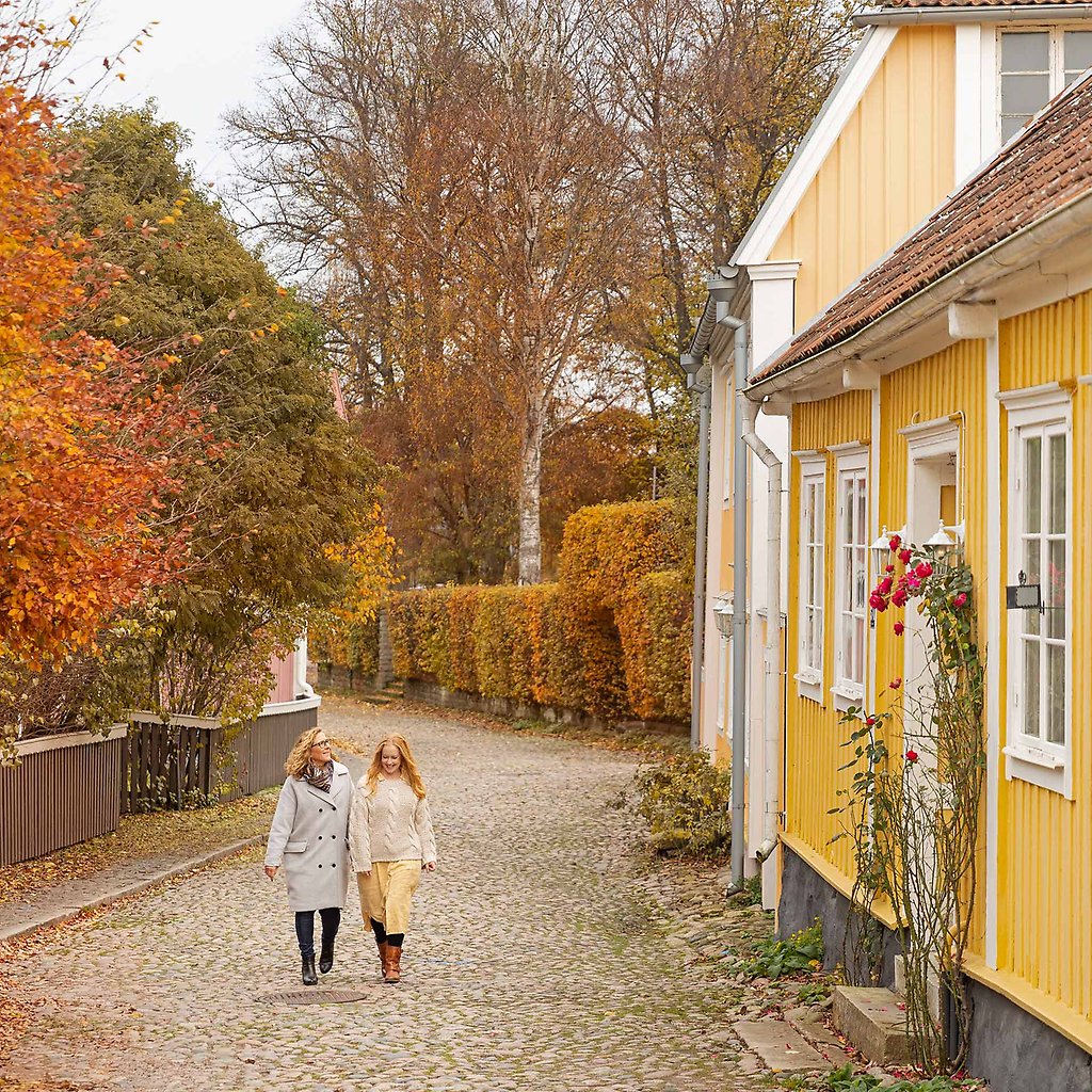 Helena och Marija promenerar på en gata omgiven av träd med höstfärgade löv.