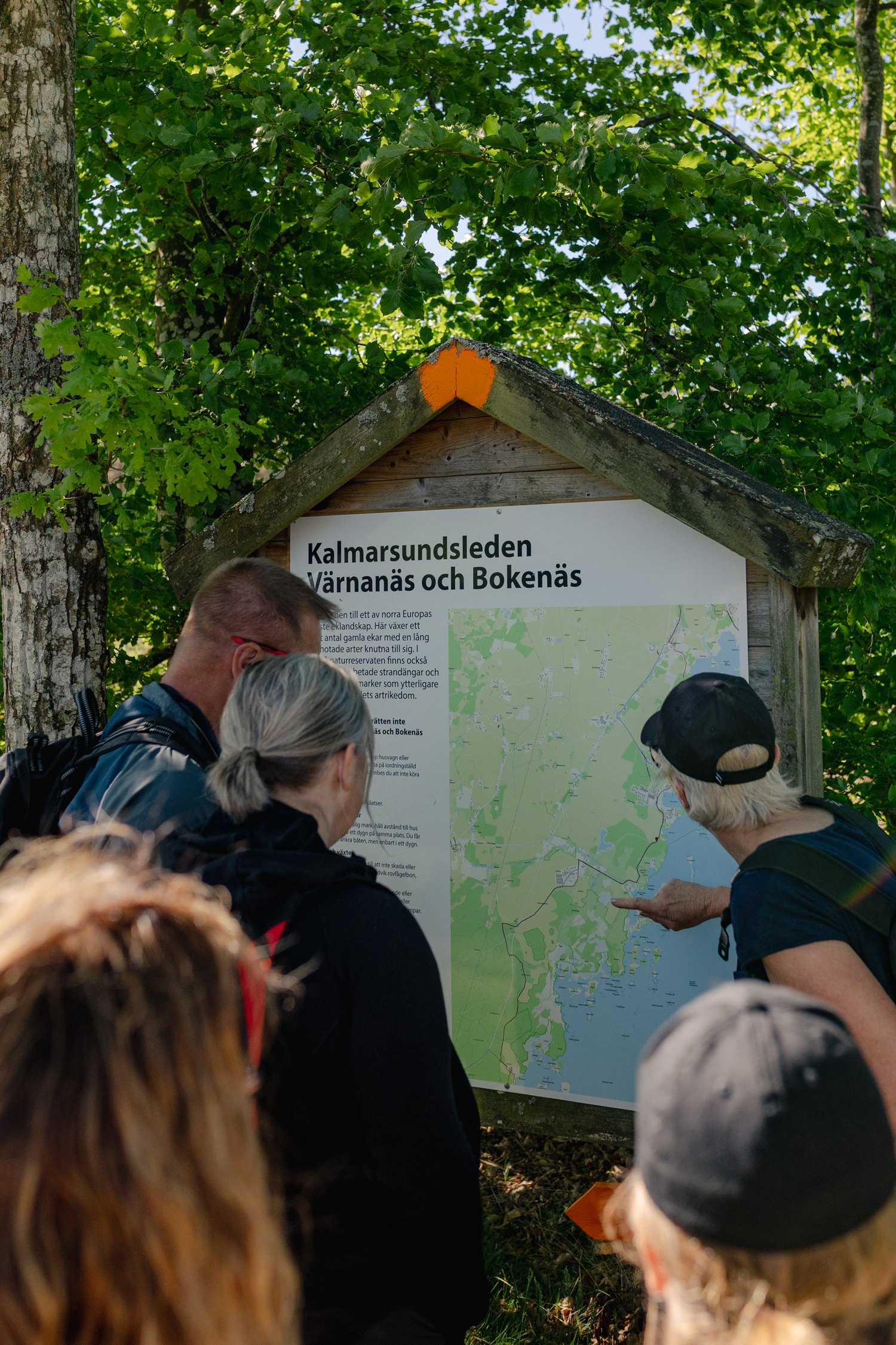 En grupp vandrare tittar på en karta över Kalmarsundsleden.