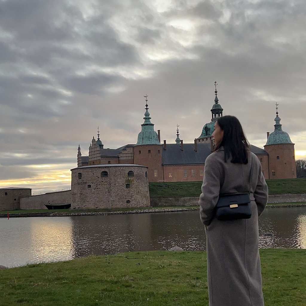 Thuha står och tittar mot slottet. Himlen är vintrigt grå.