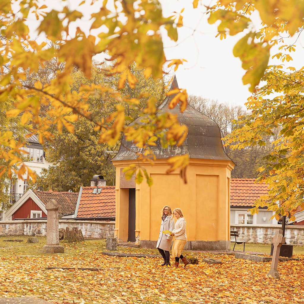 Helena och Marija strosar på gamla kyrkogården. Träden är gula och det är massor av gula höstlöv på marken.